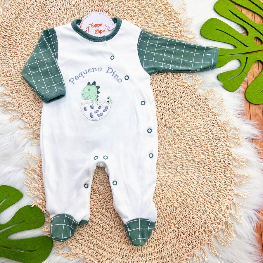 Macacão Trape Zape - Pequeno Dino - Off White e Verde Musgo
